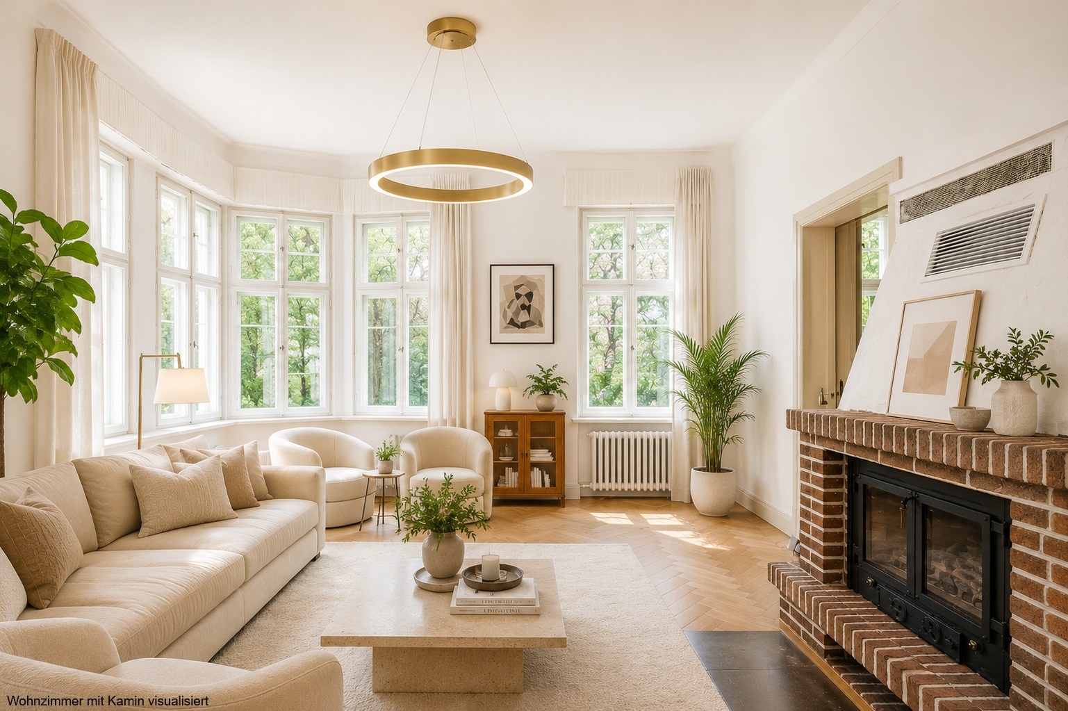 Wohnzimmer mit Kamin visualisiert